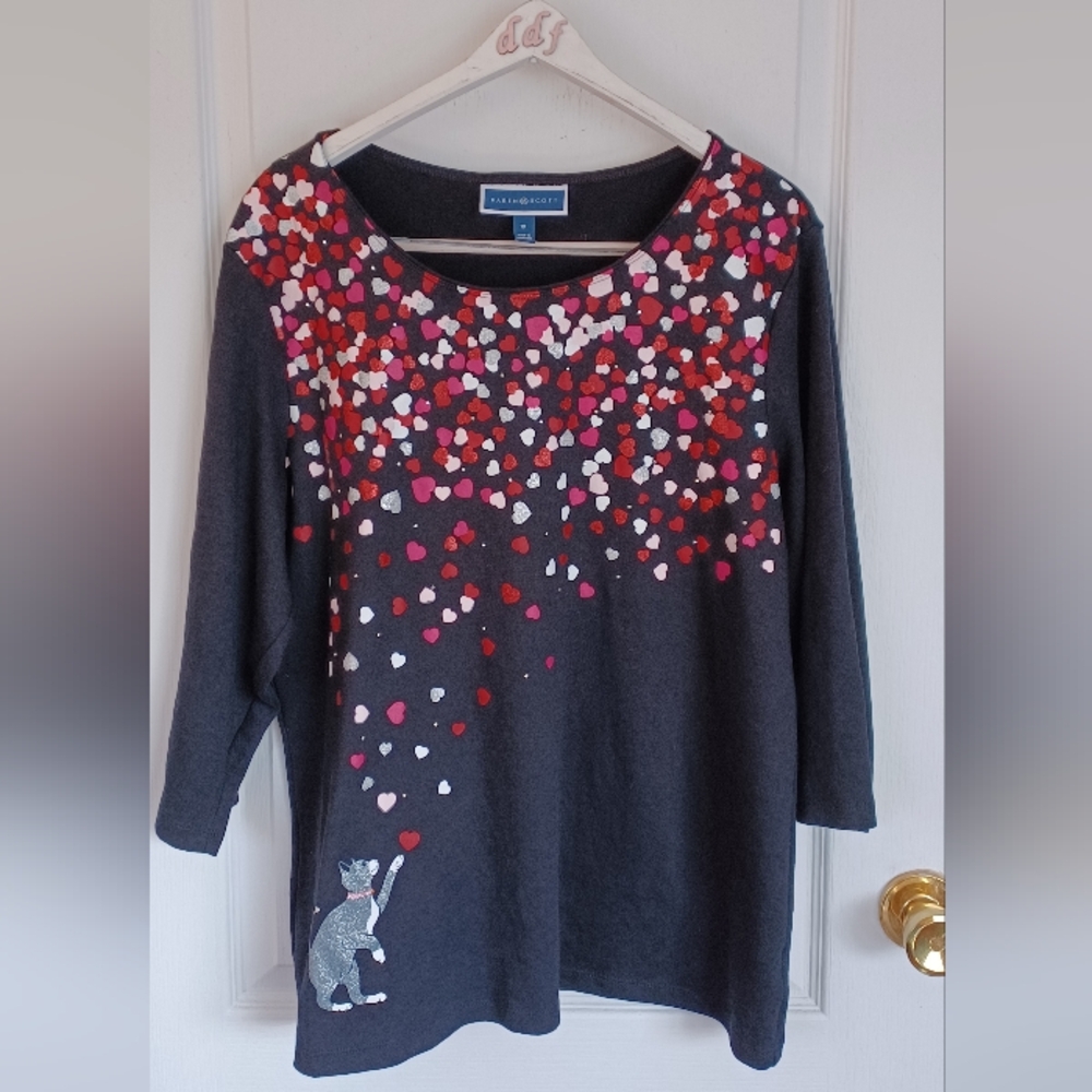 KAREN SCOTT SIZE 1X BLACK 3/4 SLEEVE TOP WITH CAT/HEARTS COTTON/POLYESTER BLEND